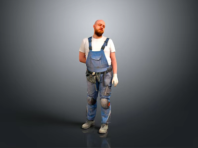 Man in Blue Overalls White T-shirt With Tool Belt Knee Pads and Gray Background 3d model