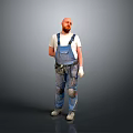 Man in Blue Overalls White T-shirt With Tool Belt Knee Pads and Gray Background