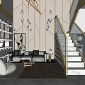 Modern Apartment Living Room With Gold Accents Wall White Sofa Marble Staircase And Gold Railing