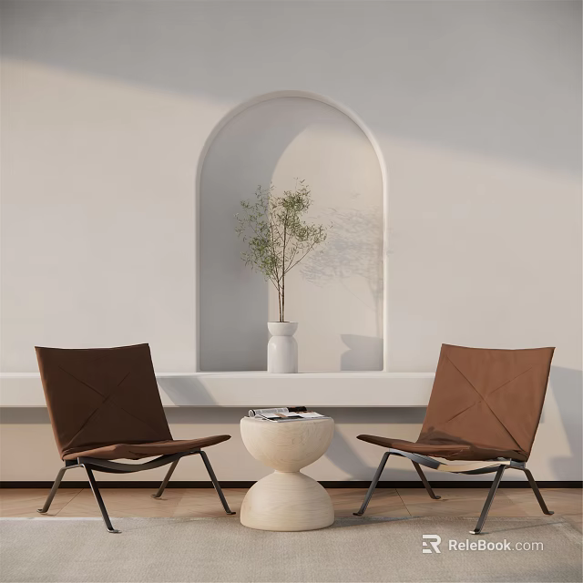 Stylish Chair Table Set With Brown Seats Round White Table Arch Niche Green Plant 3d model 