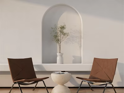 Stylish Chair Table Set With Brown Seats Round White Table Arch Niche Green Plant 3d model