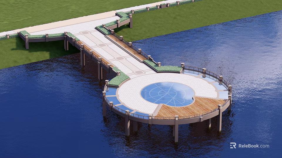 Waterfront Architectural Structure With Wooden Walkway Circular Platform Blue Decorative Center Railings And Supporting Pillars 3d model 