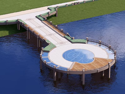 Waterfront Architectural Structure With Wooden Walkway Circular Platform Blue Decorative Center Railings And Supporting Pillars 3d model
