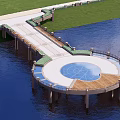 Waterfront Architectural Structure With Wooden Walkway Circular Platform Blue Decorative Center Railings And Supporting Pillars