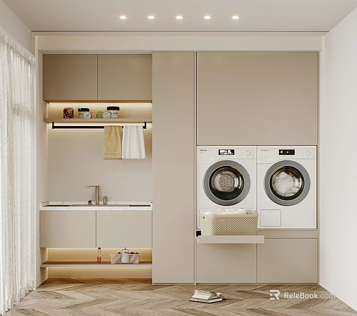 Modern Laundry Room Design With Two Washing Machines And Cabinet Storage 3d model 