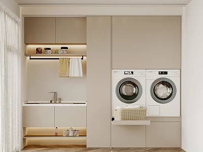 Modern Laundry Room Design With Two Washing Machines And Cabinet Storage 3d model