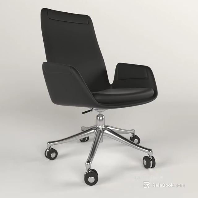 Modern Black Leather Office Chair With Armrests Silver Metal Base Swivel Wheels 3d model 