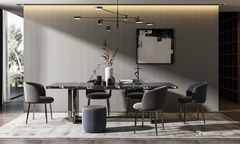 Modern Dining Table Set With Marble Top Dining Chairs Ottoman Pendant Light And Wall Art 3d model 