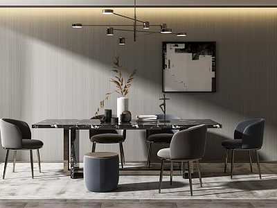 Modern Dining Table Set With Marble Top Dining Chairs Ottoman Pendant Light And Wall Art 3d model
