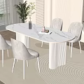 Modern Dining Table Set With Marble Top White Chairs And Light Rug 3d model