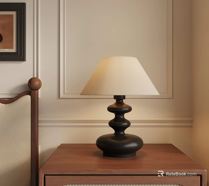 Modern Black Table Lamp With White Shade On Wooden Bedside Table And Wall Paneling 3d model 