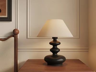 Modern Black Table Lamp With White Shade On Wooden Bedside Table And Wall Paneling 3d model