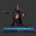 Orange Haired Game Character In Purple Blue Outfit Holding Dual Swords On Glowing Hexagonal Base