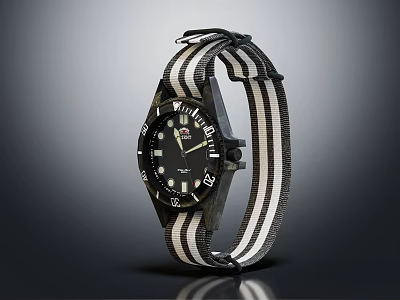 Stylish Modern Watch With Black Dial And White Black Striped Fabric Strap Design 3d model