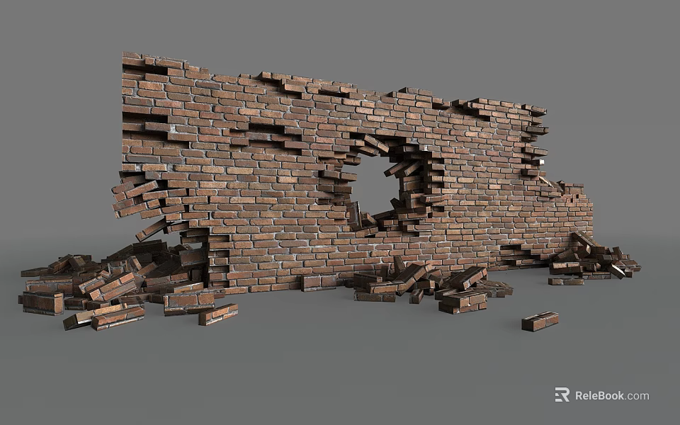 Damaged Building Exterior Wall Featuring Large Hole And Scattered Bricks 3d model 