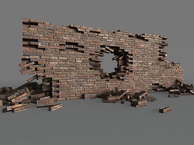 Damaged Building Exterior Wall Featuring Large Hole And Scattered Bricks 3d model