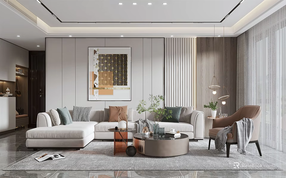 Modern Living Room Interior With White L shaped Sofa Wall Art And Accent Chair 3d model 