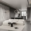 Modern Minimalist Living Dining Room Interior With Open Concept Gray Storage Cabinets And Artwork