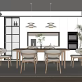 Modern Minimalist Restaurant Interior With Wooden Dining Table Chairs Open Kitchen Area Pendant Lights And Plants