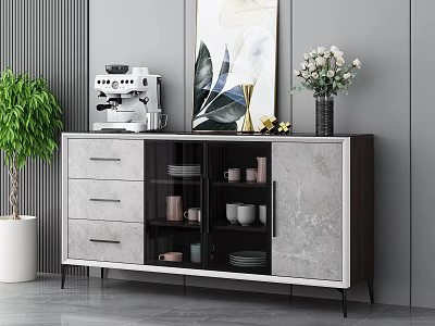 Modern Sideboard With Drawers Glass Doors Coffee Machine Flower Vase And Decorative Painting 3d model