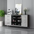 Modern Sideboard With Drawers Glass Doors Coffee Machine Flower Vase And Decorative Painting