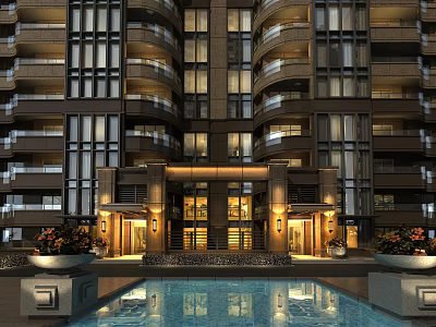 Modern High Rise Apartment Entrance Gate With Illuminated Glass Doors Front Pool And Flower Pots 3d model