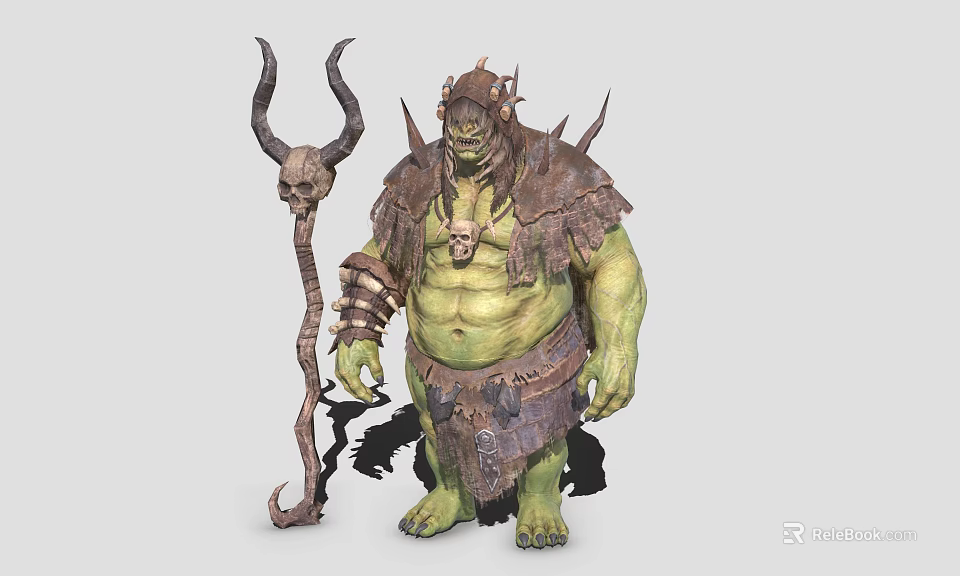 Muscular Green Fantasy Game Movie Character With Horns Spiked Leather Armor And Skull Staff 3d model 