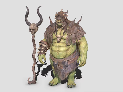 Muscular Green Fantasy Game Movie Character With Horns Spiked Leather Armor And Skull Staff 3d model