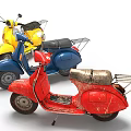 Three Classic Yellow Blue and Red Motorcycles in Vintage Design