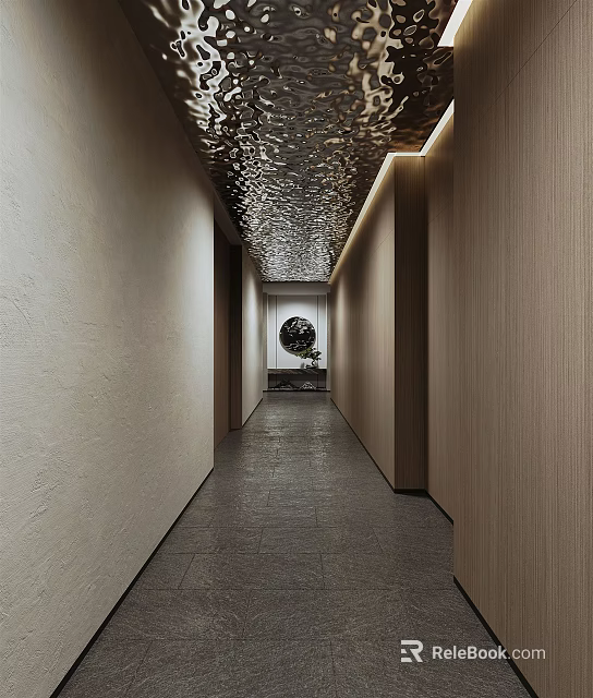 Modern Elegant Hotel Corridor With Wooden Walls Metal Textured Ceiling Lighting And End Decorative Painting 3d model 