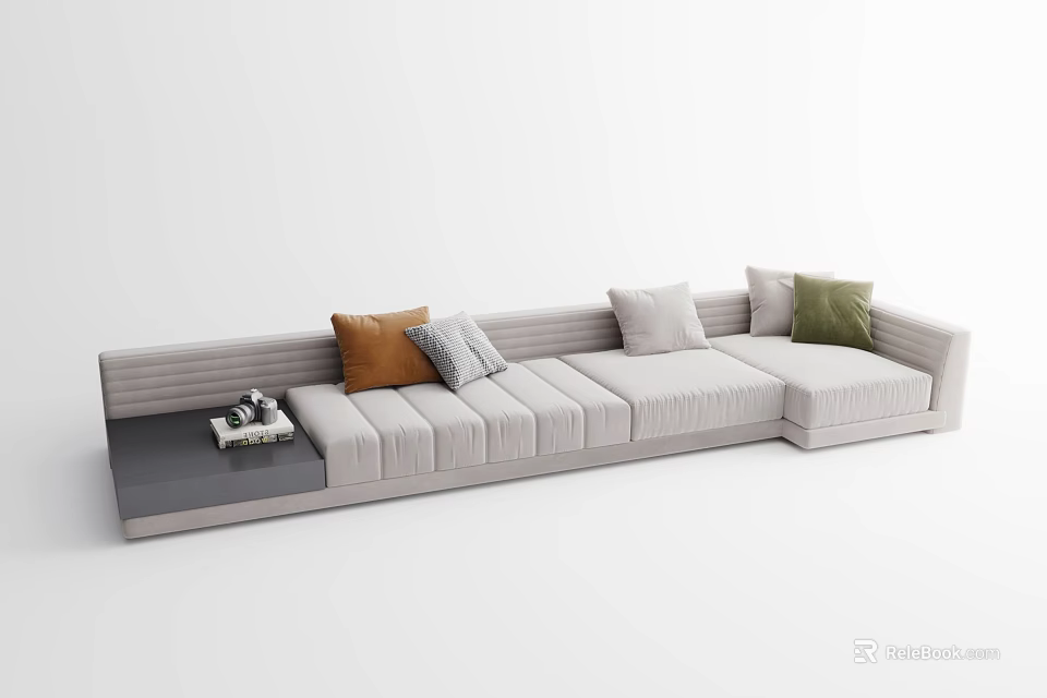Light Gray Sectional Sofa With Colorful Throw Pillows And Side Tray Table 3d model