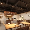 Modern Café Interior With Wooden Furniture Bar Counter Tables Chairs And Bookshelves
