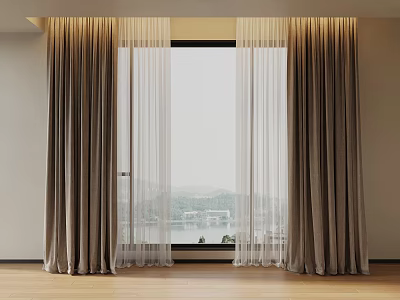 Elegant Double Layer Curtains With Sheer Fabric Panels For Large Window Scenic Interior View 3d model