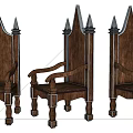 Three Gothic Inspired Wooden Leisure Chairs With Spiked Top And Metal Accents