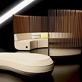 Modern Irregular Shaped Sofa Interior With Curved Beige Upholstery Wooden Partitions And Ambient Lighting