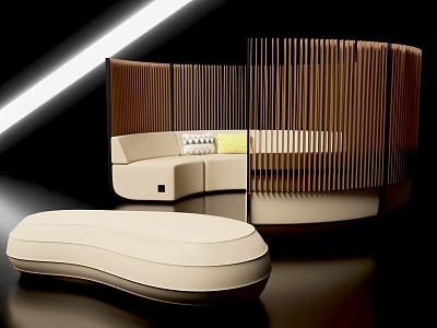 Modern Irregular Shaped Sofa Interior With Curved Beige Upholstery Wooden Partitions And Ambient Lighting 3d model