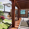 Sunlit Courtyard Garden Design With Wooden Lattice Fence Green Plants Table And Sunlight Shadows