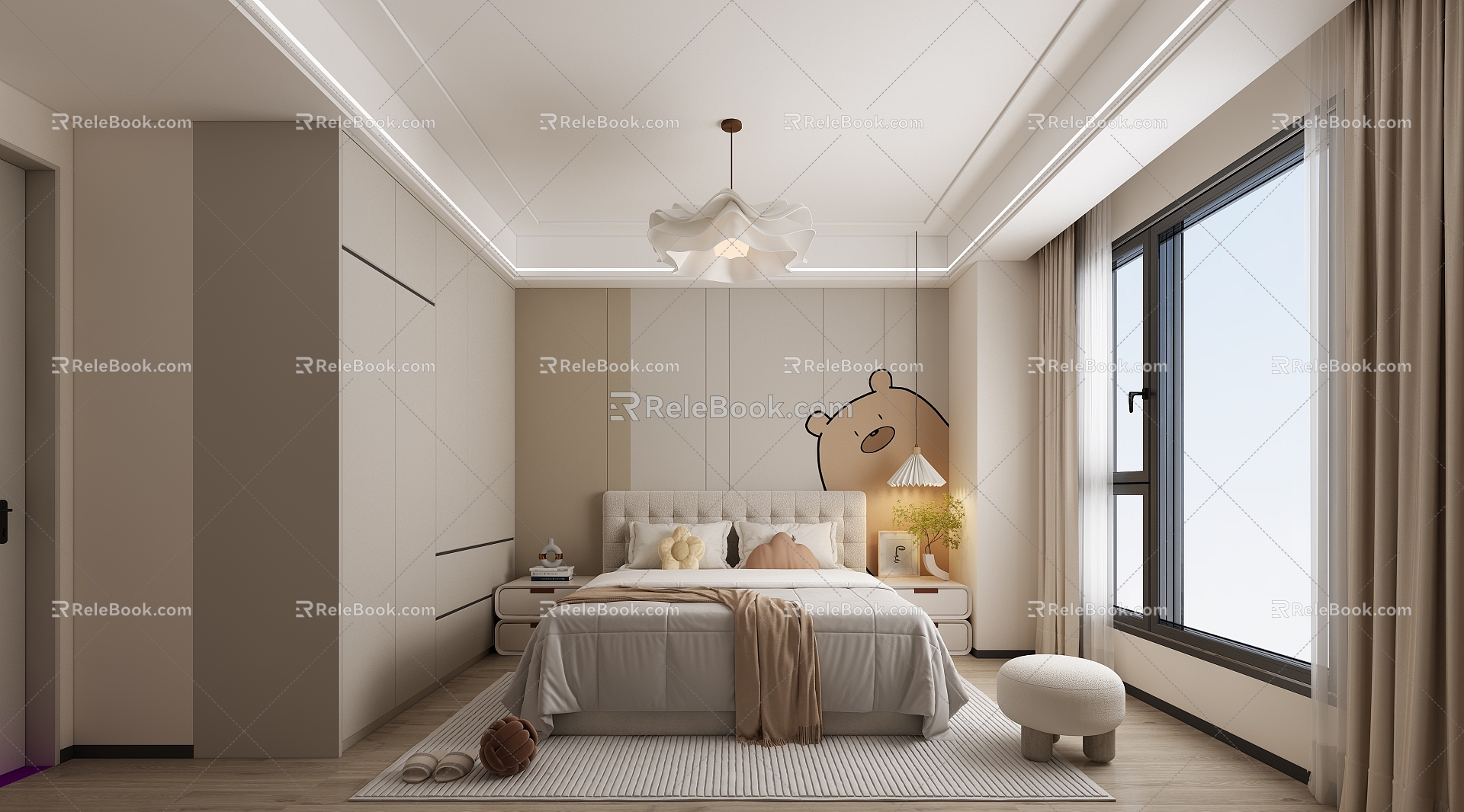 Girls' room bedroom room master bedroom second bedroom ceiling lamp bedding curtain bedside table bedside background girls' room children's room computer chair 3d model