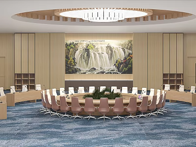 Spacious Conference Room With Circular Table Chairs Waterfall Painting And Blue Carpet 3d model