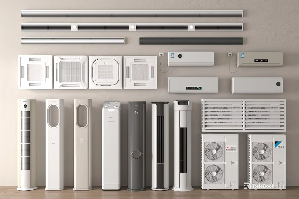 Assorted Air Conditioners and Fans Collection Featuring Wall Mounted Floor Standing and Window Units 3d model 
