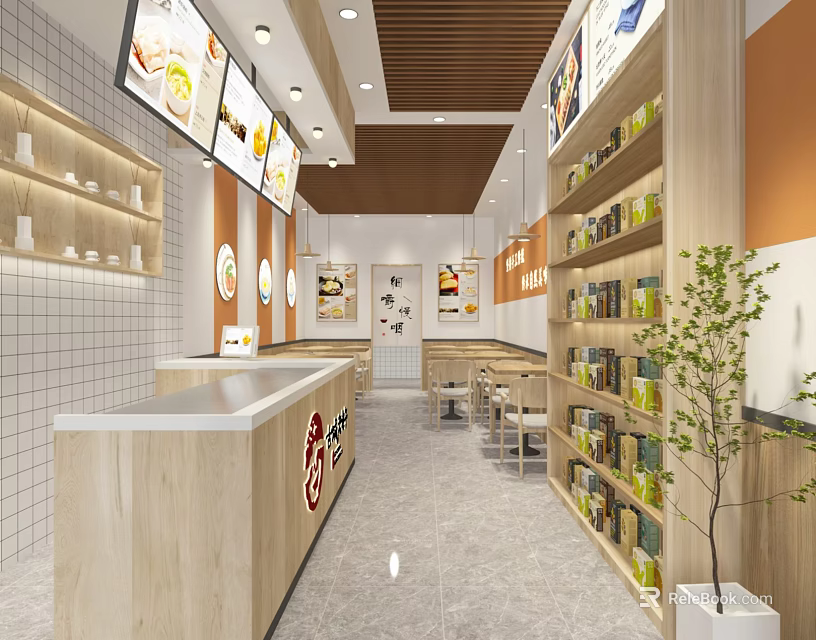 Modern Restaurant Interior With Open Kitchen Seating Area And Wooden Decor Elements 3d model