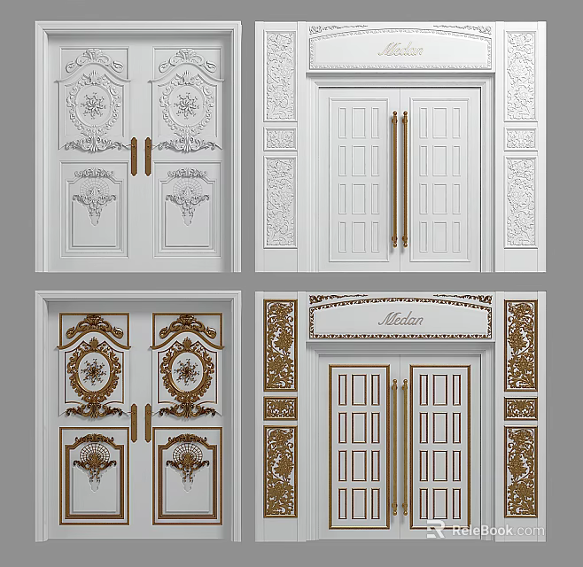 Elegant Double Doors Design With Ornate Carvings White Finish And Golden Handles 3d model 