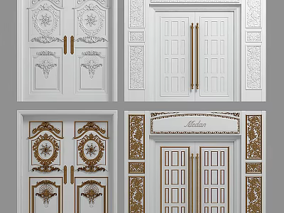 Elegant Double Doors Design With Ornate Carvings White Finish And Golden Handles 3d model