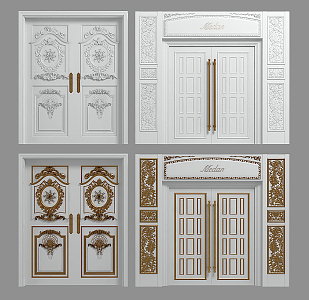 European-style double-door white solid wood door combination 3d model