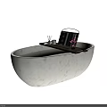 White Oval Bathtub with Wooden Tray Holding Candle Vase Flowers and Book
