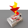 Display Shelves Featuring Urban Planning Model With Red Yellow Decorative Elements And Female Figure