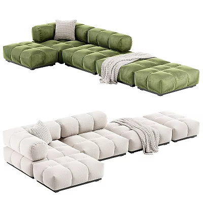 Green And Beige Modular Sectional Sofa With Velvet Upholstery Throw Blanket And Pillow 3d model