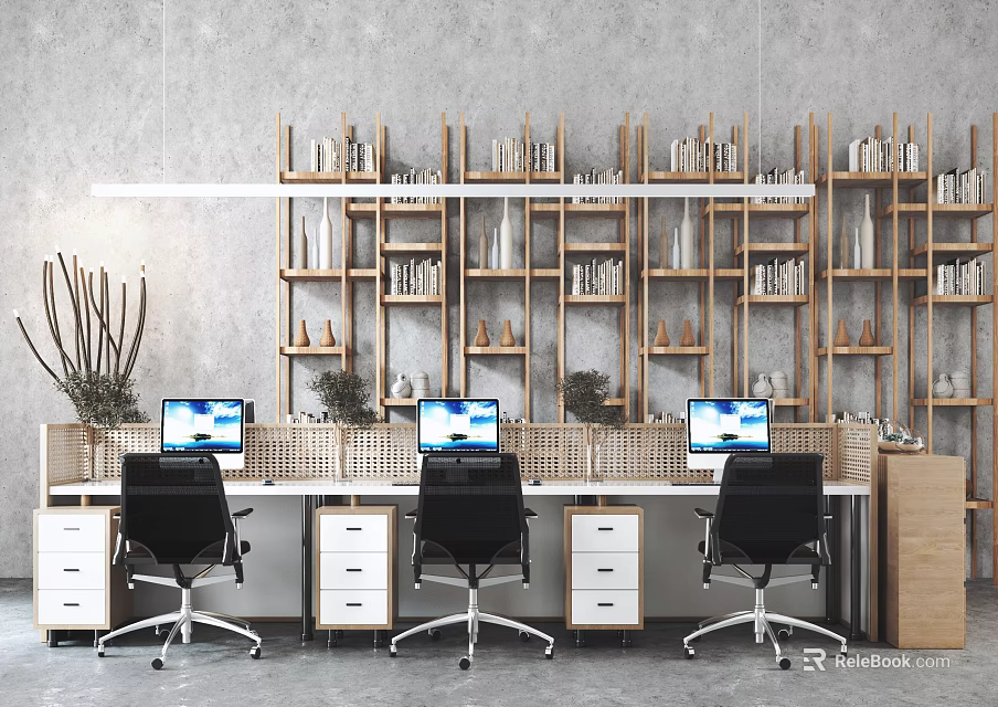 Modern Office Workspace With Three Desks Black Chairs And Wooden Bookshelves 3d model 