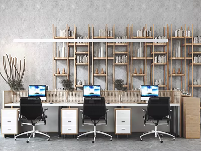 Modern Office Workspace With Three Desks Black Chairs And Wooden Bookshelves 3d model