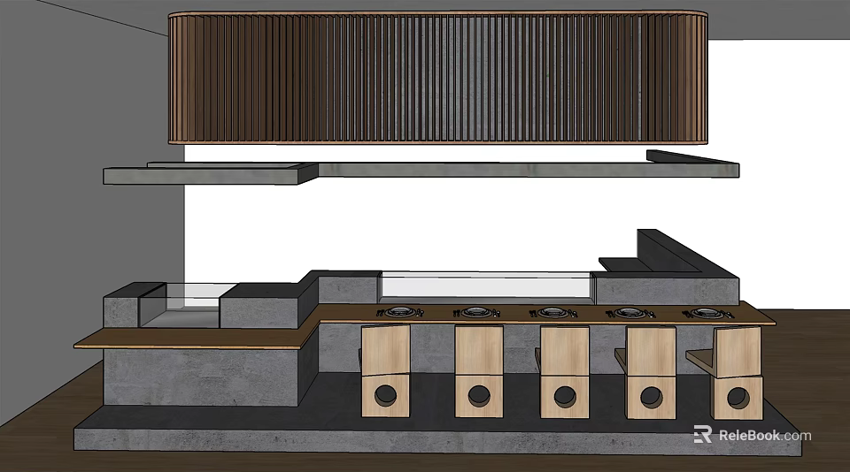 Sleek Modern Bar Counter With Wooden Slatted Backdrop And Wooden Cabinets 3d model 